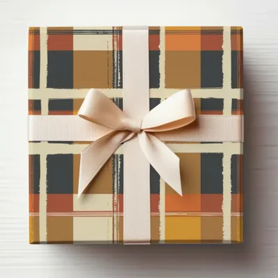 Elegant Plaid Pattern Gift Wrap with Beige Ribbon Design