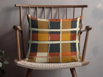 Modern Orange Black and Yellow Plaid Pattern Pillow