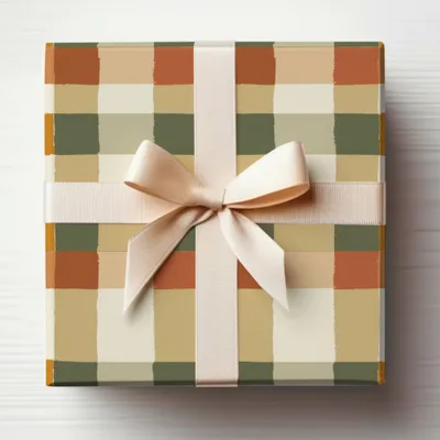 Elegant Neutral Plaid Gift Wrap with Satin Ribbon