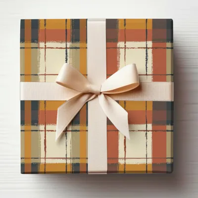 Festive Plaid Gift Box with Elegant Cream Ribbon