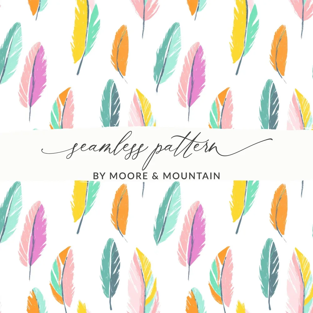 Seamless Feathers Pattern Vibrant Colored Feather Arrangement Design Digital - Moore and Mountain