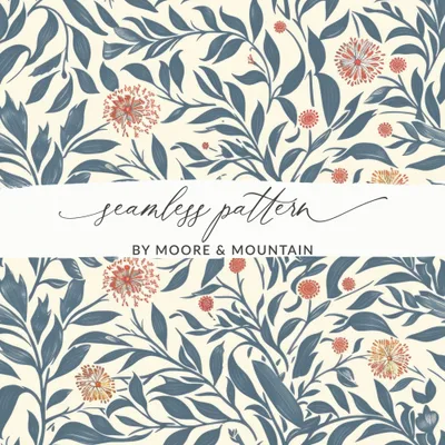 Seamless Floral Digital Pattern, Botanical Illustration Print, Blue Leaves and Red Flowers, Digital Paper Pack, Scrapbooking, Fabric Design