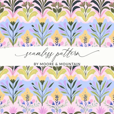 Seamless Floral Folk Art Pattern Digital, Whimsical Botanical Tile Repeat, Pastel Cottagecore Surface Print, Hand Painted Nursery Wallpaper
