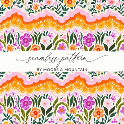 Seamless Floral Pattern Digital, Folk Art Flowers Repeat, Whimsical Botanical Tile, Hand Painted Cottagecore Surface Pattern, Scalloped