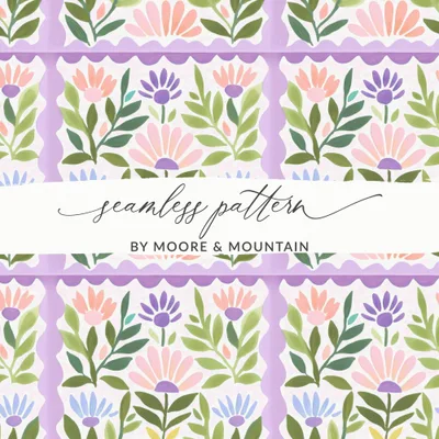 Seamless Floral Pattern Digital, Folk Art Flowers Tile Repeat, Scalloped Frame Whimsical Botanical Print, Pastel Cottagecore Wallpaper