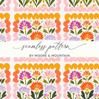 Seamless Floral Pattern Digital, Folk Art Flowers Tile Repeat, Whimsical Botanical Surface Design, Cottagecore Wallpaper Print, Scalloped