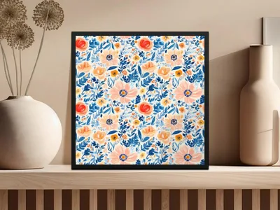 Seamless Ditsy Floral Pattern Digital Paper, Peach, Blue, Botanical, Commercial Use, Print on Demand, 12x12 Inch JPEG - Moore and Mountain