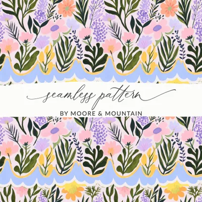 Seamless Floral Pattern Digital, Scalloped Frame Folk Art Flowers, Whimsical Botanical Tile, Pastel Cottagecore Surface Design, Hand Painted