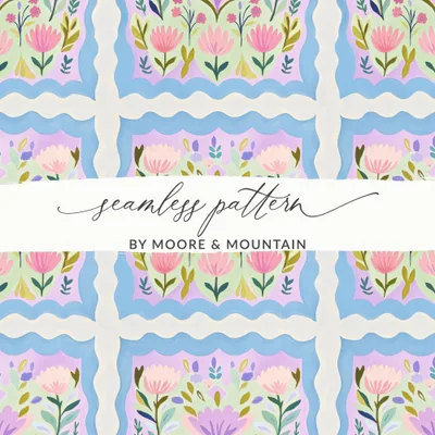 Seamless Floral Pattern Digital, Scalloped Frame Tile Repeat, Folk Art Flowers, Whimsical Pastel Botanical, Cottagecore Surface Design