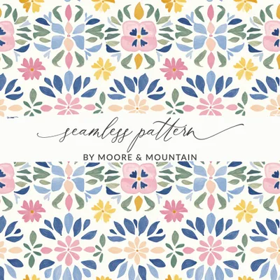 Seamless Floral Pattern Digital, Whimsical Folk Art Flowers Repeat, Pastel Cottagecore Botanical Tile, Hand Painted Surface Design Print