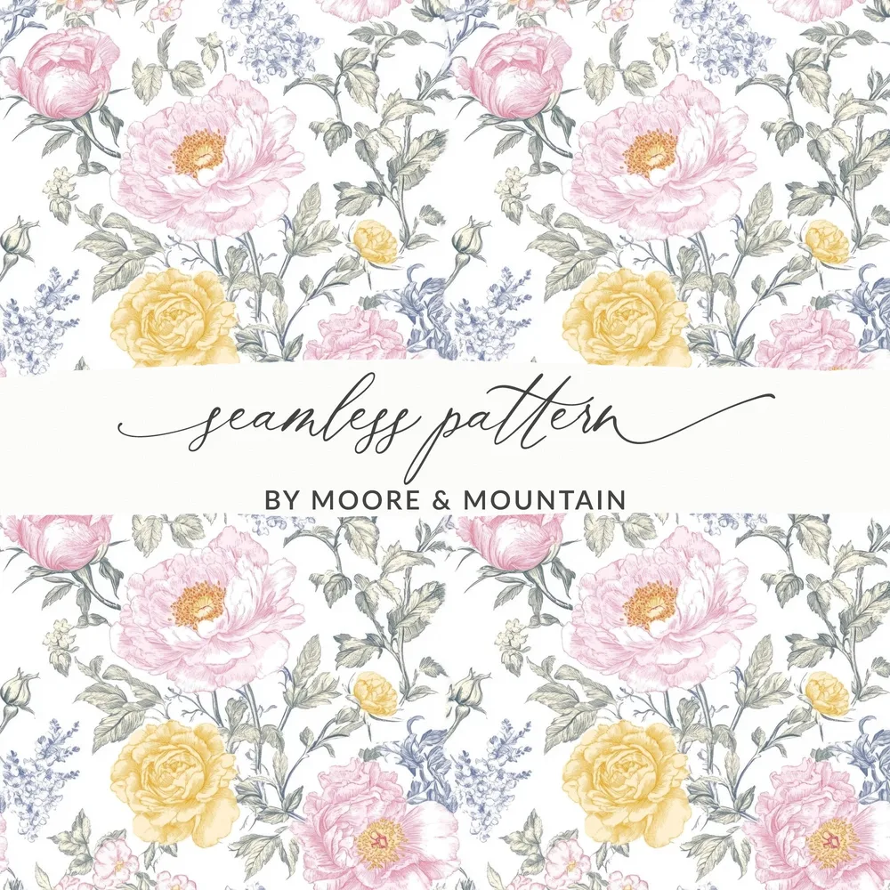 Seamless Floral Pattern, Pink Peony, Yellow Rose, Digital Paper, Repeating Background, Flower Print, Fabric Design, Digital Product - Moore and Mountain