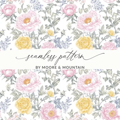 Seamless Floral Pattern, Pink Peony, Yellow Rose, Digital Paper, Repeating Background, Flower Print, Fabric Design, Digital Product