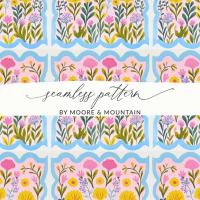 Seamless Floral Tile Digital, Scalloped Frame Folk Art Flowers, Whimsical Botanical, Pastel Cottagecore Surface, Hand Painted Repeat Design.
