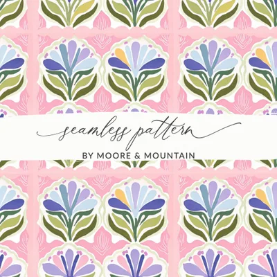 Seamless Floral Tile Pattern Digital, Folk Art Flowers Digital, Cottagecore Botanical Repeat, Scalloped Frame Design, Grandmacore Pastel