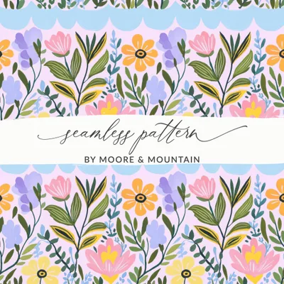 Seamless Floral Tile Pattern Digital, Scalloped Frame Folk Art Flowers, Whimsical Botanical Pastel Repeat, Cottagecore Surface, Digital