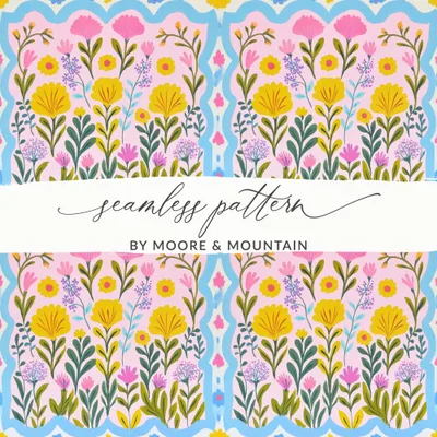 Seamless Floral Tile Pattern Digital, Scalloped Frame Repeat, Pastel Folk Art Flowers, Whimsical Botanical, Cottagecore Surface Design.