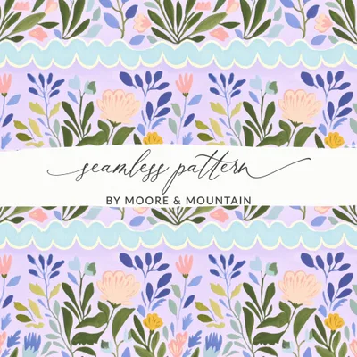 Seamless Floral Tile Pattern, Folk Art Flowers Digital Download, Pastel Botanical Repeat, Scalloped Frame Design, Whimsical Cottagecore