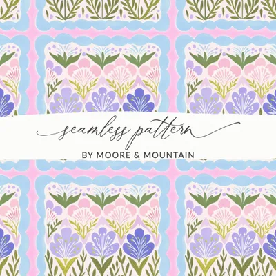 Seamless Folk Art Floral Digital Pattern, Scalloped Frame Botanical Tile Repeat, Whimsical Pastel Cottagecore Surface Design, Nursery Decor