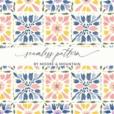 Seamless Folk Art Floral Pattern Digital, Whimsical Botanical Tile Repeat, Pastel Cottagecore Surface, Hand Painted Vintage Flower Tile