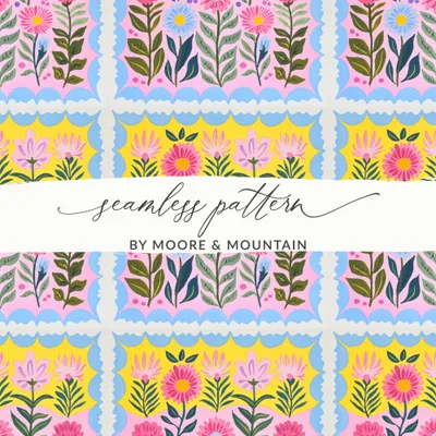Seamless Folk Art Floral Pattern Digital, Whimsical Botanical Tile Repeat, Scalloped Frame Design, Cottagecore Pastel Flower Wallpaper