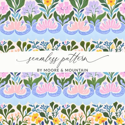 Seamless Folk Art Floral Tile Digital Pattern, Pastel Cottagecore Botanical Repeat, Hand Painted Whimsical Wallpaper, Scalloped Border