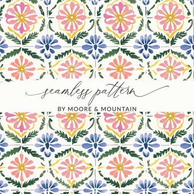 Seamless Folk Art Floral Tile Pattern Digital, Pastel Whimsical Botanical Surface Design, Cottagecore Wallpaper Print, Scalloped Frame