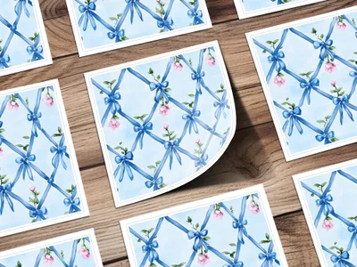 Seamless Grandmillenial Blue Ribbons Trellis with Roses Digital - Moore and Mountain