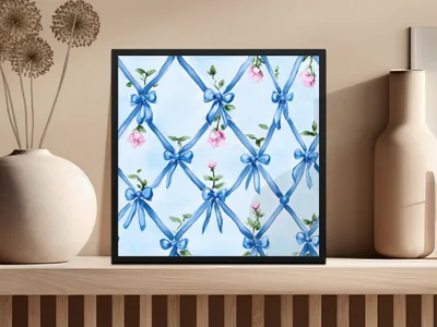 Seamless Grandmillenial Blue Ribbons Trellis with Roses Digital - Moore and Mountain