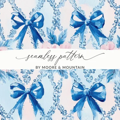 Seamless Grandmillenial Bows and Flowers Blue Digital
