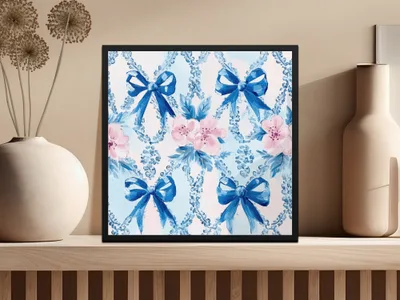 Seamless Grandmillenial Bows and Flowers Blue Digital - Moore and Mountain