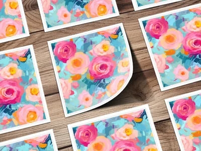 Bright Pink and Blue Floral Art Print Sticker Sheets