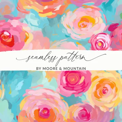 Seamless Impressionistic Floral Bright Pink and Light Blue