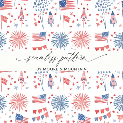 Seamless July 4th Digital Pattern, Red White Blue, Patriotic Stars, Fireworks, Rocket, American Flag, Digital Paper, 4th of July Clipart