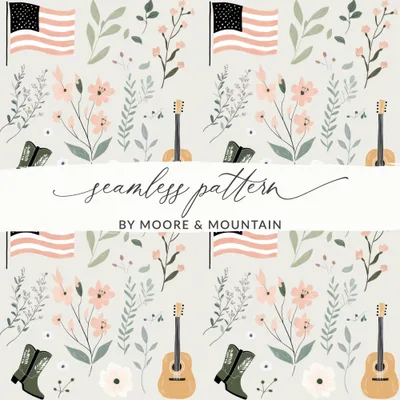 Seamless July 4th Digital Pattern, Texas, Nashville, Country Music, American Flag, Guitar, Digital Paper, Fabric Design, Floral Pattern