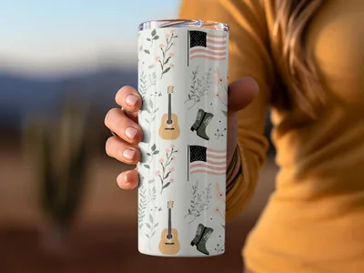 Rustic Western Pattern Tumbler with Guitar and Boot Design