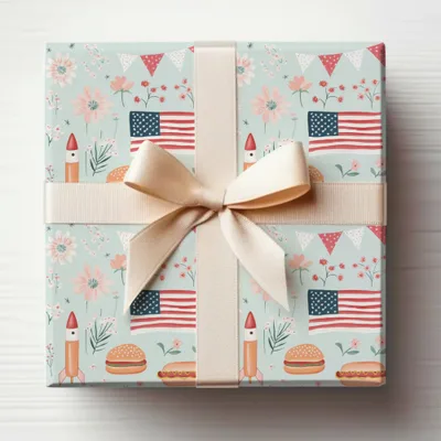 Decorative American Flag and Floral Gift Wrap Paper
