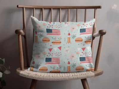American Flag Rocket and Burgers Themed Pillow