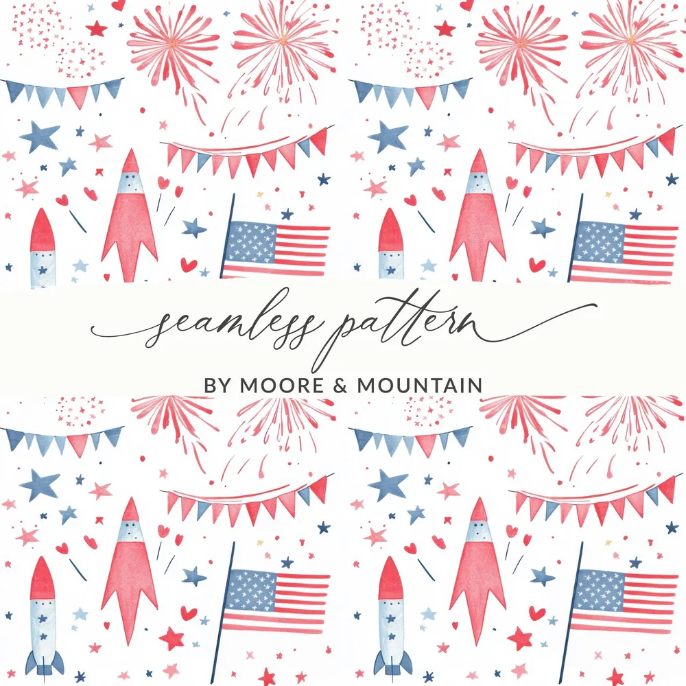 American Flag Rocket and Fireworks Seamless Pattern