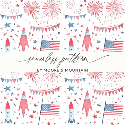 Seamless July 4th Pattern Digital, Red White Blue Patriotic Design, Fireworks, Rocket, Flag, Independence Day, Festive Repeat Pattern