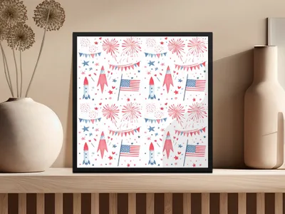 Festive Rockets and Flags Print with Fireworks Artwork