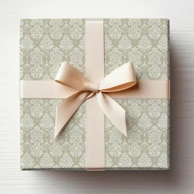 Elegant Beige Patterned Gift Box with Ribbon Decor