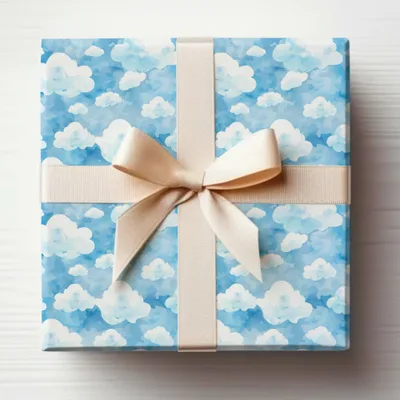Blue Cloud Pattern Gift Wrap Paper with Cream Ribbon