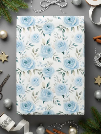 Elegant Blue Rose Floral Pattern Gift Wrap Paper