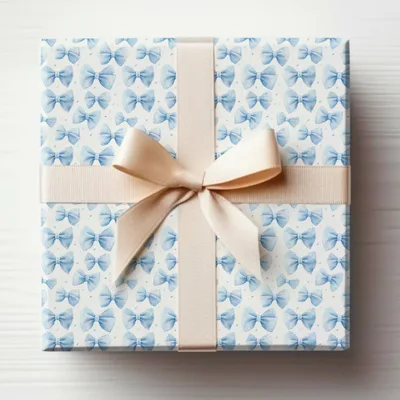 Elegant Gift Box with Blue Bow Patterned Wrap
