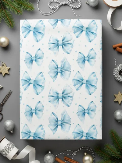 Blue Bow Wrapped Gift with Holiday Decoration Theme