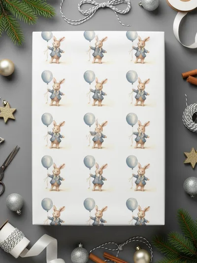 Cute Bunny Holding Blue Balloon Patterned Wrapping Paper