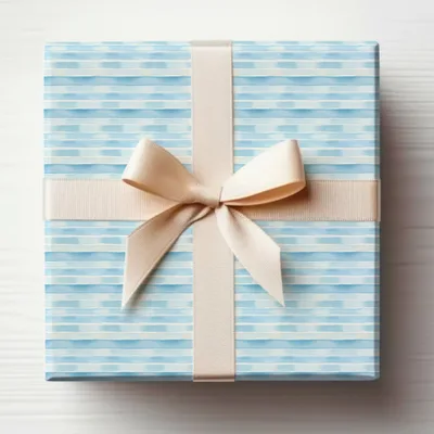 Blue Striped Gift Box with Cream Ribbon Wrapping Paper