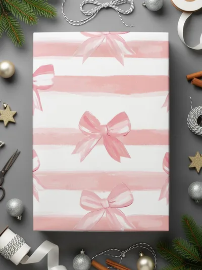 Pink and White Striped Gift Wrap with Bows Design Wrapping Paper