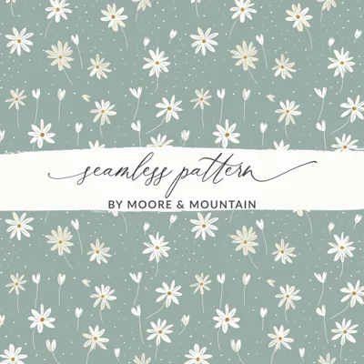 Seamless Minimalist Boho Sage Green Daisies Pattern Digital