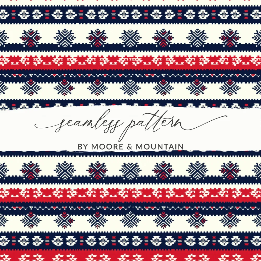 Seamless Nordic Pattern Digital Paper, Scandinavian Design Print, Red Blue Digital Pattern, Holiday Texture, Festive Digital Texture - Moore and Mountain